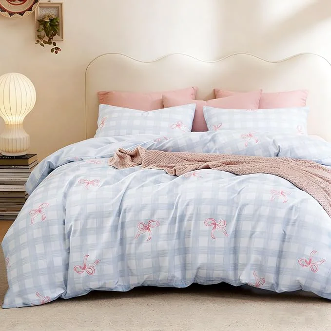 Practical Comforter Set Twin Size - 2 Pieces Blue Pink Bows Comforter Set Gingham Checkered Bedding Sets Twin Bed in a Bag Plaid Comforter and 1 Pillowcase Back to School Comforter Contemporary