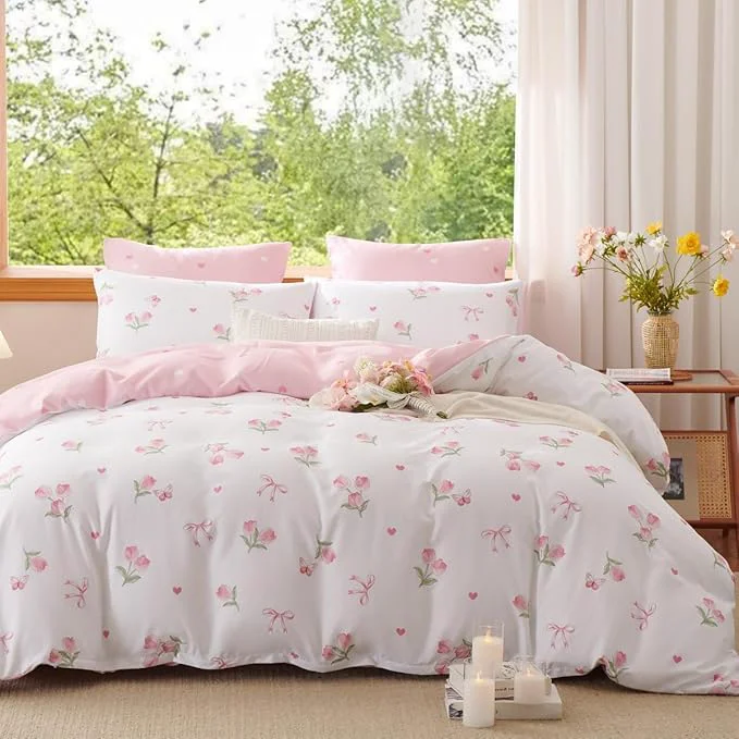 Flexible Floral Comforter Set King Size - 3 Pieces Pink White Floral Tulips Bow Comforter Bedding Sets Reversible Pattern King Bed in a Bag with Flowers Comforter and 2 Pillowcases Comfortable