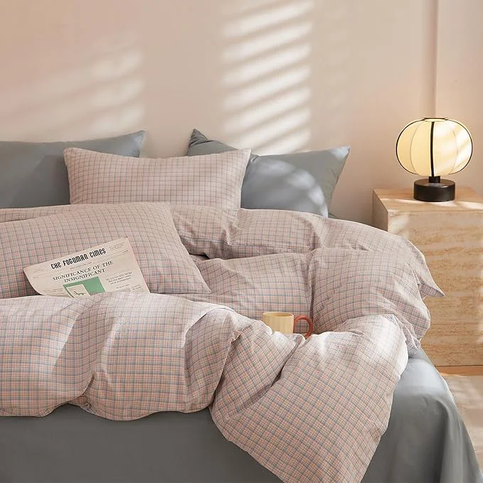 Prestigious EAVD Pink Blue Grid Plaid Comforter Set Full Soft Fluffy Gingham Comforter Set 3 Pieces Modern Style Grid Checkered Pattern Bedding Set with 2 Pillowcases Reversible Gingham Bedding Set for All-Season Luxury