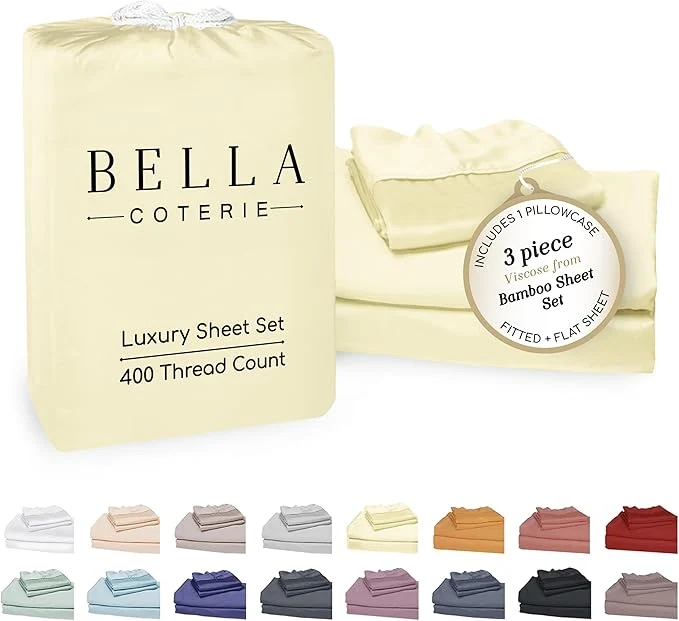 Solid Bella Coterie Luxury Bamboo Viscose Twin XL Size Sheet Set Organically Grown Ultra Soft Cooling for Hot Sleepers 18 quot Deep Pocket Lemonade Traditional