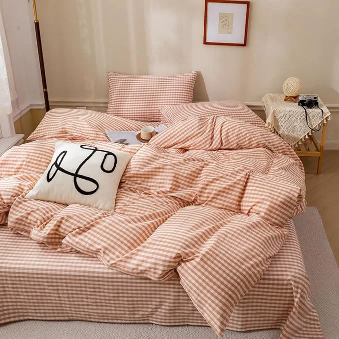 Long-Lasting EAVD Pink Tan Gingham Comforter Set King Soft Washed Cotton Farmhouse Mini Pink Tan Checkered Plaid Bedding Set with 2 Pillowcases Modern Farmhouse Reversible Plaid Comforter Set for All-Season Smooth