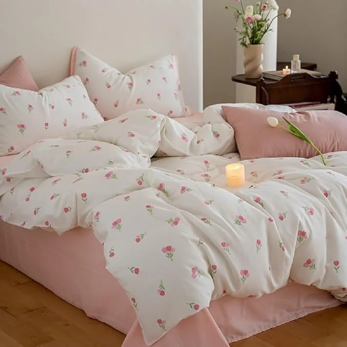 Excellent Floral Comforter Set Twin Size - 2 Pieces Pink White Floral Comforter Bedding Sets Tulips Pattern Twin Bed in a Bag with Heart Comforter and 1 Pillowcase Unique