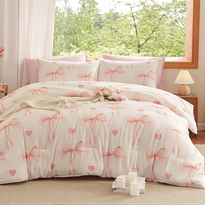 Artisan Pink Bow Comforter Set Queen Size - 3 Pieces Pink White Heart Comforter Bedding Sets Reversible Pattern Queen Bed in a Bag for Girls Comforter and 2 Pillowcases Elegant