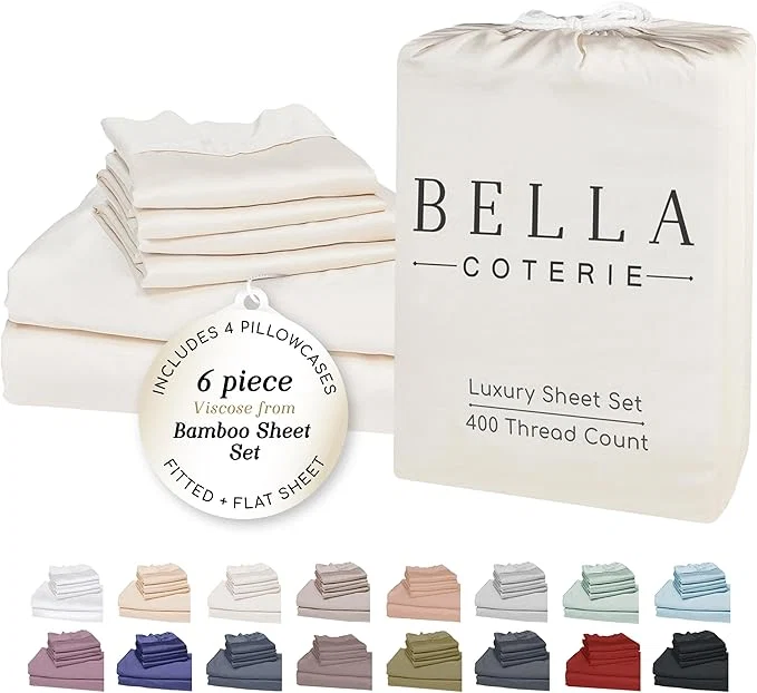 Selected Bella Coterie 6 Piece Luxury Bamboo Viscose California King Size Sheet Set Organically Grown Cooling for Hot Sleepers 18 quot Deep Pocket Soft amp Hypoallergenic 4 Pillowcases Ivory Stylish