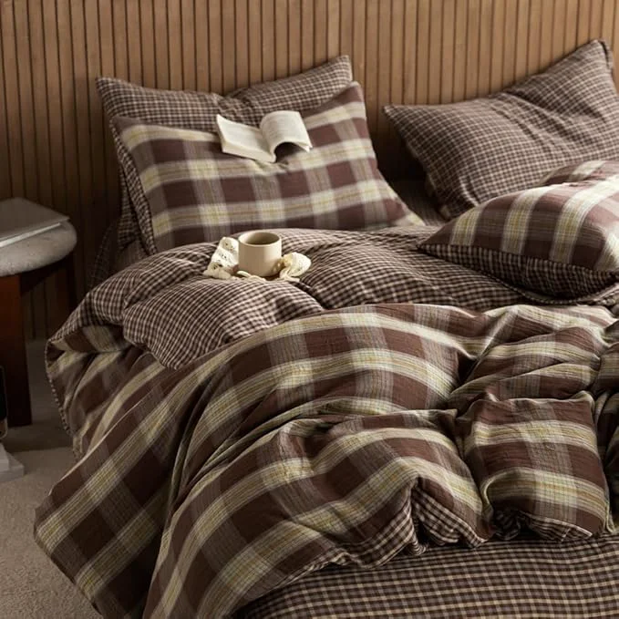 Minimalist EAVD Vintage Coffee Gingham Comforter Set King Soft Muslin Cotton Chic Shabby Yellow Green Grid Checkered Pattern Bedding Set with 2 Pillowcases Reversible Farmhouse Plaid Comforter Set Innovative