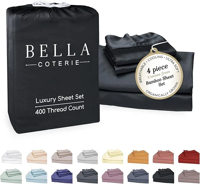 Sustainable Bella Coterie Luxury Bamboo Viscose King Size Sheet Set Organically Grown Ultra Soft Cooling for Hot Sleepers 18 quot Deep Pocket Black Elegant