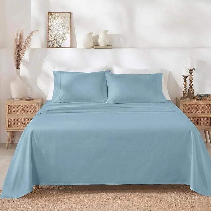 Outstanding California Design Den Soft Twin Sheets Set - 400 Thread Count Sateen Natural Cotton Sheets Deep Pockets and Durable Bedding Set for Dorm Rooms amp Adults - Sky Blue Exceptional