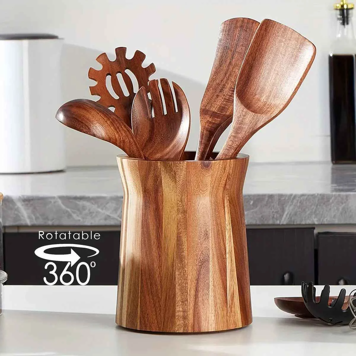 High-End Utensil Holder - Multiple Compartments Acacia Wood Green