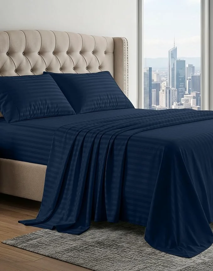 Fine LANE LINEN Egyptian Cotton Queen Sheet Set 15 inch Deep Pocket Fully Elasticized French Reinforced Pocket Seam for Soft Comfy amp Fresh Bed Eco Friendly Cooling Sheets Queen Damask Stripe - Navy Safe