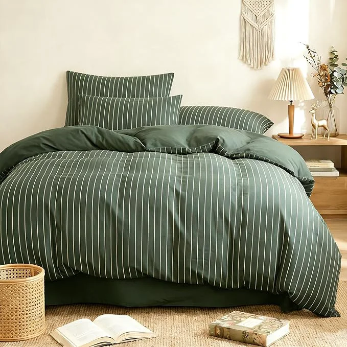 Stylish Striped Comforter Set King Size - 3 Pieces Green White Striped Comforter Bedding Sets Checkered Pattern Kingsize Bed in a Bag with Stripes Comforter and 2 Pillowcases Comfortable