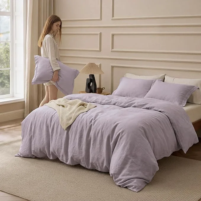 Bedsure Washed Cotton Duvet Cover King Size - Lavender Minimalist Bedding Set Linen Like - PureWoven Plain Simple amp Soft Comforter Cover for All Seasons Lavender King 104 quot x90 quot Solid