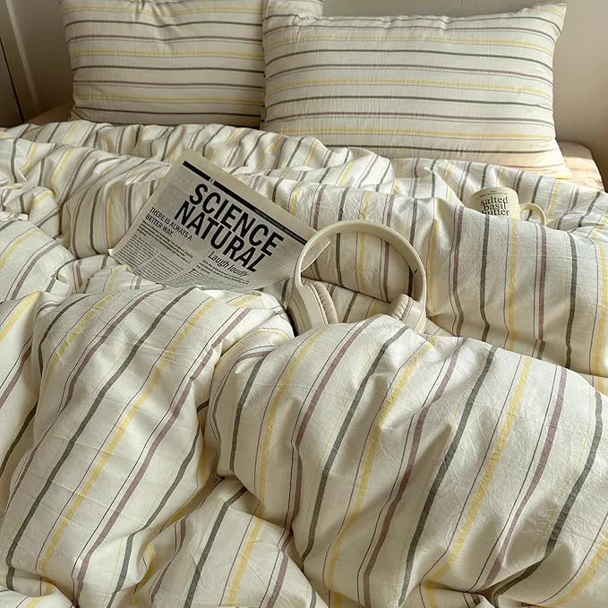 High-End EAVD Vintage Colorful Striped Comforter Set Queen Soft Cotton 3-Piece Retro Vertical Striped Bedding Set with 2 Pillowcases Boho Geometric Comforter Set for All-Season Green amp Yellow amp Brown Queen Next-Generation