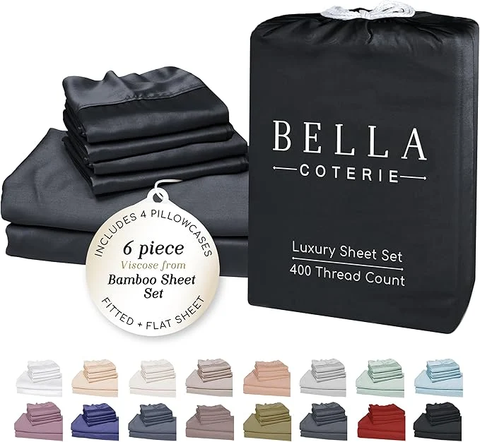 Classic Bella Coterie 6 Piece Luxury Bamboo Viscose King Size Sheet Set Organically Grown Cooling for Hot Sleepers 18 quot Deep Pocket Soft amp Hypoallergenic 4 Pillowcases Black Natural