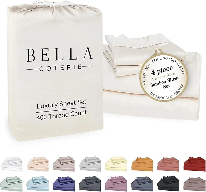 Traditional Bella Coterie Luxury Bamboo Viscose Cal King Size Sheet Set Organically Grown Ultra Soft Cooling for Hot Sleepers 18 quot Deep Pocket Ivory Long-Lasting