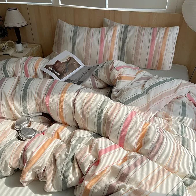 Secure EAVD Vintage Colorful Striped Comforter Set Queen Soft Washed Cotton Multicolor Vertical Striped Bedding Set with 2 Pillowcases Retro Geometric Comforter Set for All-Season Certified