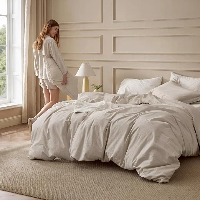 Sustainable Bedsure Washed Cotton Duvet Cover Full Size - Linen Color Minimalist Bedding Set Linen Like - PureWoven Plain Simple amp Soft Comforter Cover for All Seasons Full 80 quot x90 quot Powerful