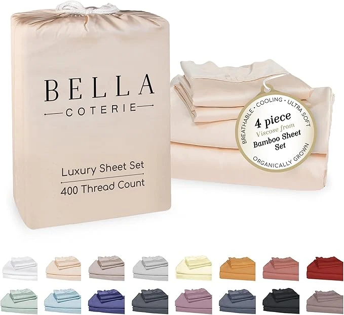 Healthy Bella Coterie Luxury Bamboo Viscose Queen Size Sheet Set Organically Grown Ultra Soft Cooling for Hot Sleepers 18 quot Deep Pocket Champagne Sophisticated