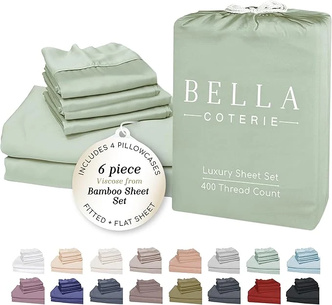 Responsible Bella Coterie 6 Piece Luxury Bamboo Viscose King Size Sheet Set Organically Grown Cooling for Hot Sleepers 18 quot Deep Pocket Soft amp Hypoallergenic 4 Pillowcases Sea Glass High-Performance