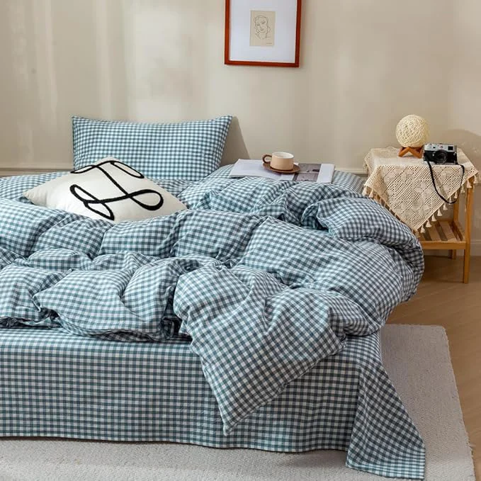 Luxury EAVD Blue Gingham Comforter Set Full Soft Fluffy White and Blue Plaid Bedding Set with 2 Pillowcases Modern Grid Plaid Comforter Set Reversible Farmhouse Gingham Bedding Set for All-Season Elegant