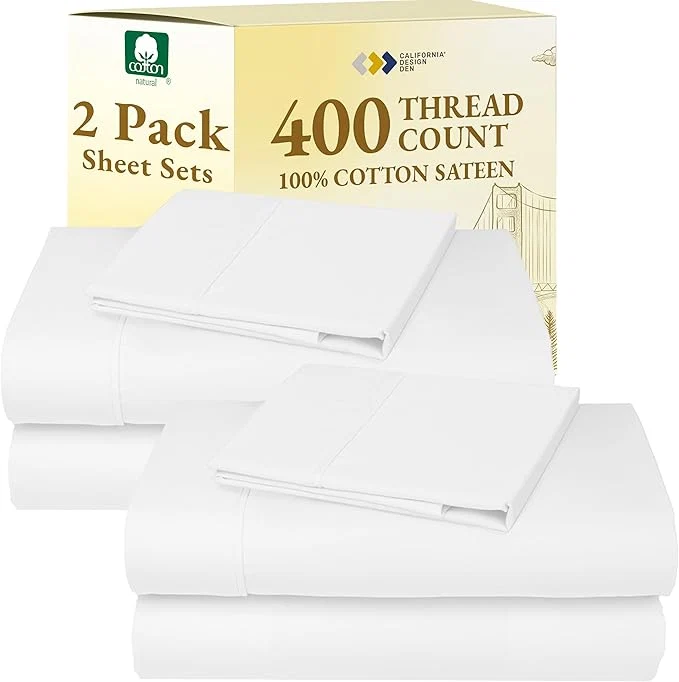 Lightweight California Design Den 2-Pack Twin XL Sheet Sets Cotton Sateen - 400 Thread Count - Soft and Breathable Sheets 2 Sets of Deep Pocket Bed Sheets - Antique White Convenient