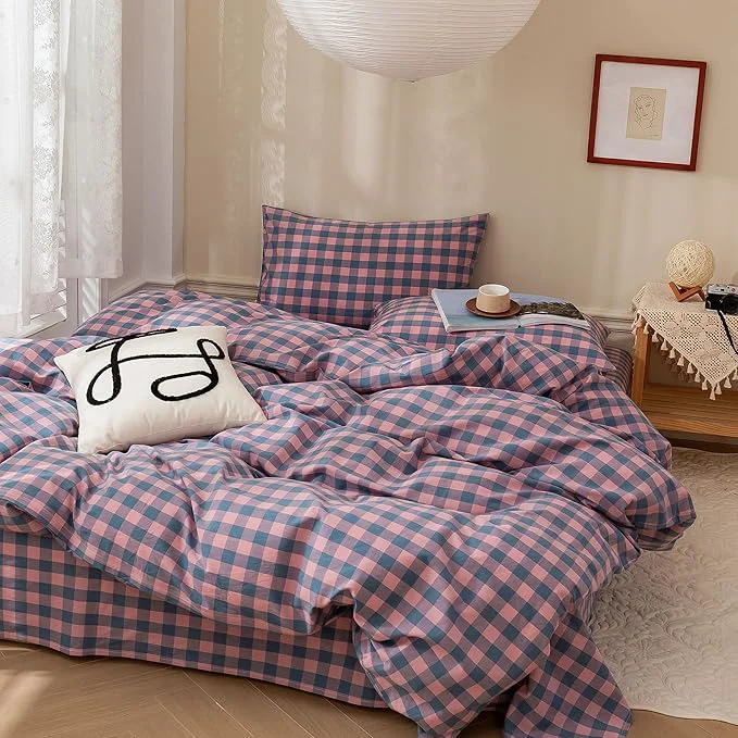 Genuine EAVD Pink Purple Gingham Comforter Set King Purple Pink Grid Plaid Comforter Set Soft Fluffy Grid Checkered Pattern Bedding Set with 2 Pillowcases Modern Farmhouse Gingham Bedding Set for All-Season Carefully Designed