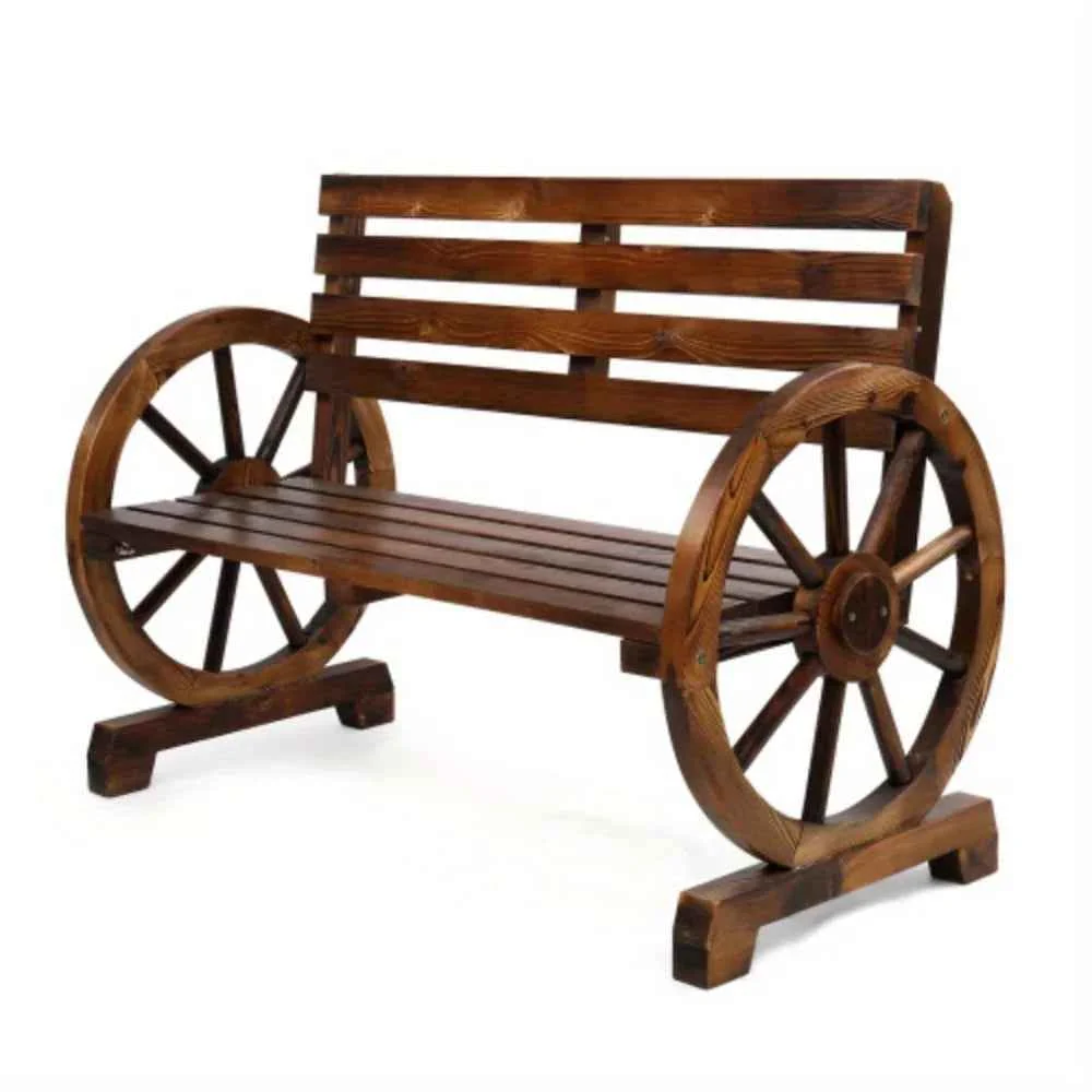 Premium Material Wooden Outdoor Wheel - Shaped Bench Wagon Slatted Seat Weather Resistance For 3 - Person For Porch Yard Lawn And Garden Rustic Powerful