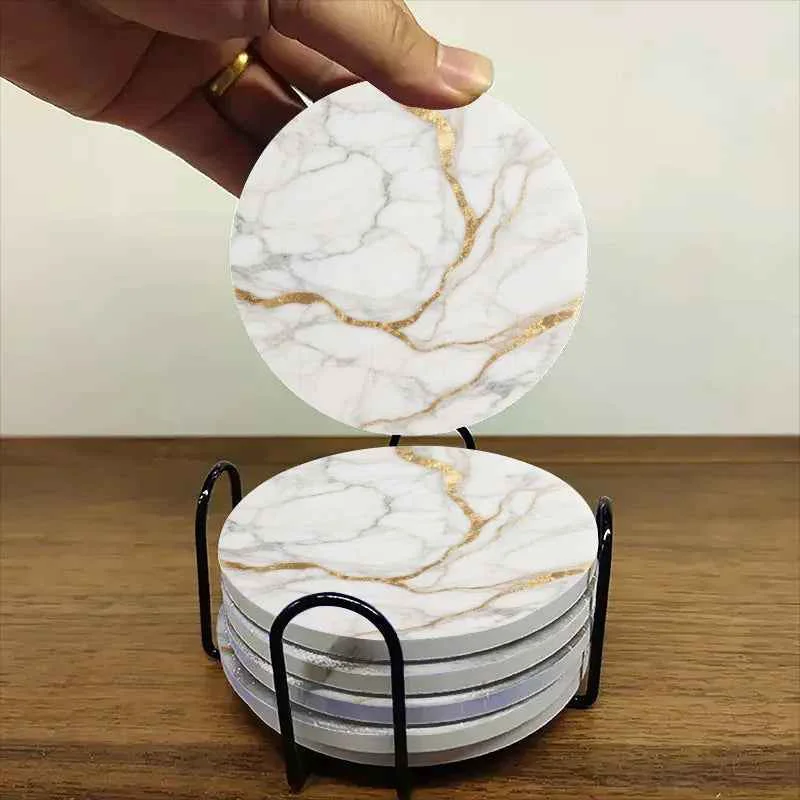 Excellent Set of 6 charming round ceramic coasters- white pattern with Golden thread heat- resistant and non- slip beverage mats suitable for home and restaurant tabletop decoration housewarming gift High-End