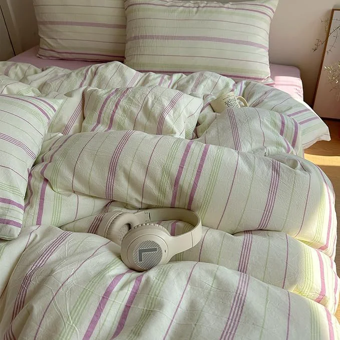Sophisticated EAVD Vintage Striped Comforter Set King Soft Cotton Retro Purple amp Green Vertical Striped Bedding Set with 2 Pillowcases Boho Geometric Pattern Comforter Set for All-Season Breathable Lightweight Healthy