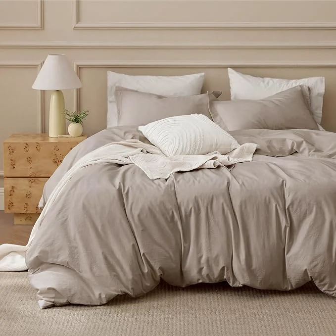 Bedsure Washed Cotton Duvet Cover King Size - Tannish Linen Grey Minimalist Bedding Set 3-Piece - PureWoven Plain Simple amp Soft Comforter Cover 3-Piece Tannish Linen Grey King 104 quot x90 quot World-Class