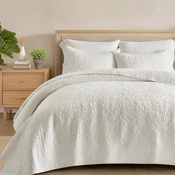 Convenient EVERGRACE Cotton Paisley Quilt Set King Size 3 Piece Set – Prewashed Lightweight Bedspread with 2 Shams Soft amp Breathable Matelasse Coverlet for All-Season Comfort Bright White Healthy