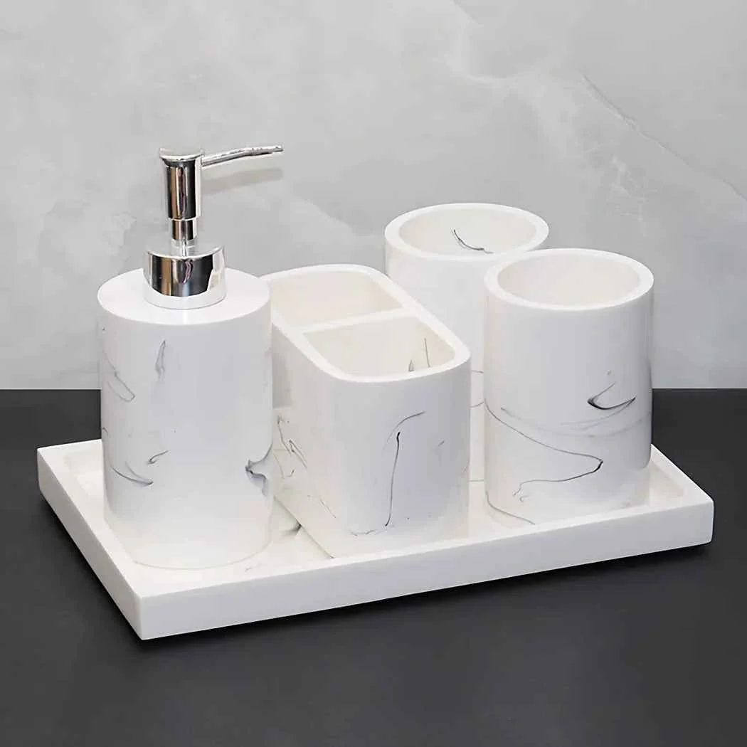 Solid Modern Marble Look Ink-Style 5pcs Bathroom Accessory Set with Rectangular Tray Toothbrush Holder Tumbler and Lotion Dispenser Set Environmentally Friendly