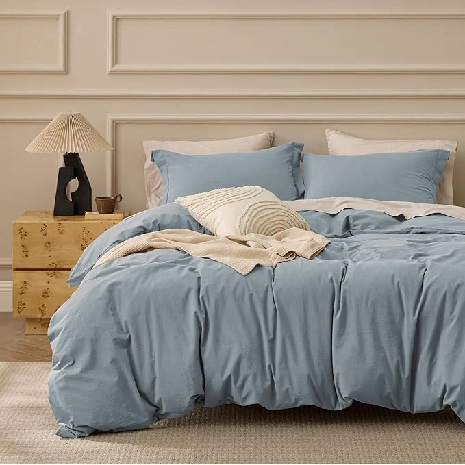 Eco-Friendly Bedsure Washed Cotton Duvet Cover King Size - Dusty Blue Minimalist Bedding Set Linen Like - PureWoven Plain Simple amp Soft Comforter Cover for All Seasons Dusty Blue King 104 quot x90 quot Solid