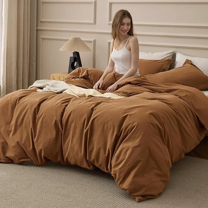 Optimized Bedsure Washed Cotton Duvet Cover Queen Size - Hazelnut Brown Minimalist Bedding Set Linen Like - PureWoven Plain Simple amp Soft Comforter Cover for All Seasons Hazelnut Brown Queen 90 quot x90 quot Environmentally Friendly
