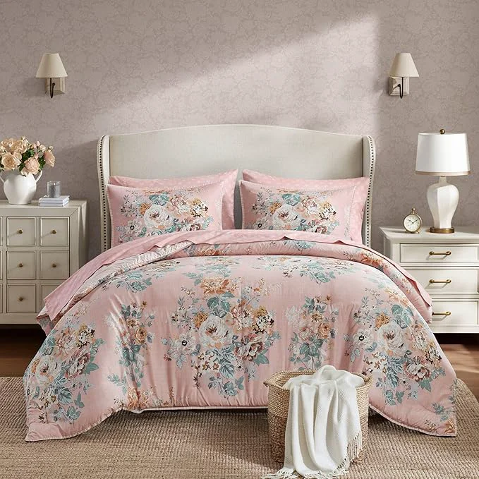 Fashionable Madison Park Essentials Floral Comforter Set Cal King Size Vintage Flower Bedding Set with Sheet Set 7 Pieces Bed in a Bag with Reversible Botanical Comforter and Pillowcases amp Shams Heather Pink Comfortable