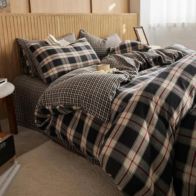 Authentic EAVD Vintage Black Gingham Comforter Set King Soft Muslin Cotton Red Green Grid Checkered Plaid Bedding Set with 2 Pillowcases Farmhouse Reversible Black Plaid Comforter Set for All-Season Detailed