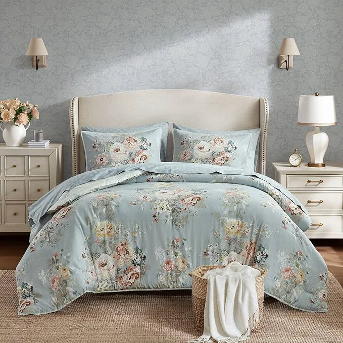 Genuine Madison Park Essentials Floral Comforter Set Twin XL Size Vintage Flower Bedding Set with Sheet Set 5 Pieces Bed in a Bag with Reversible Botanical Comforter Pillowcases amp Shams Heather Soft Blue Responsible