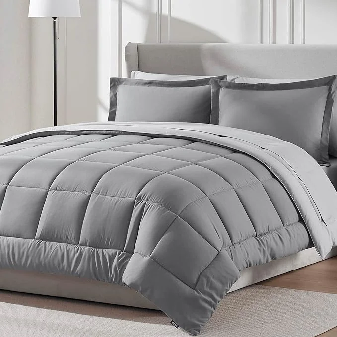 Innovative Nestl 7 Piece California King Comforter Set – Grey Reversible Bed in a Bag – Complete Cal King Size Bedding Set with Sheets Pillowcases and Shams Sustainable