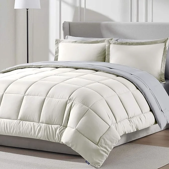 Premium Material Nestl 7 Piece Queen Comforter Set – Off White Reversible Bed in a Bag – Complete Queen Size Bedding Set with Sheets Pillowcases and Shams Fine Crafted
