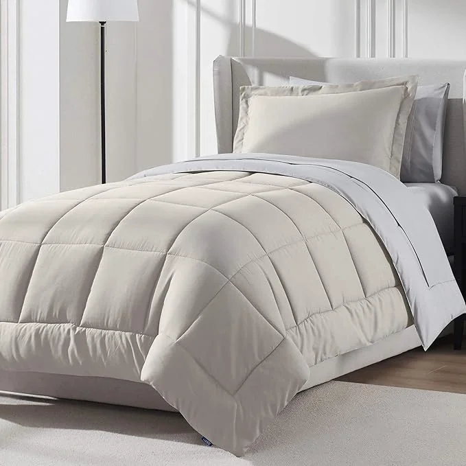 Efficient Nestl 5 Piece Twin XL Comforter Set – Beige Reversible Bed in a Bag – Complete Twin XL Size Bedding Set with Sheets Pillowcase and Sham Soft