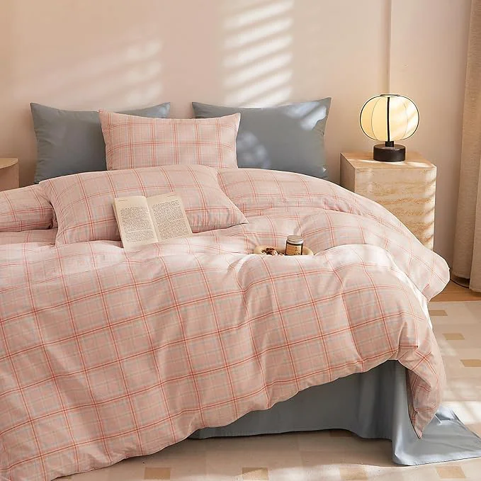 Artisan HighBuy Queen Comforter Set Gingham Plaid Boho Chic Bedding Comforter Bed Set Pink Checkered Grid Pattern Soft Fluffy Boho Comforter for Women Girls Queen Bed Skin Friendly All Season Minimalist