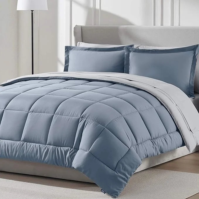 Soft Nestl 7 Piece King Comforter Set – Stone Blue Reversible Bed in a Bag – Complete King Size Bedding Set with Sheets Pillowcases and Shams Excellent