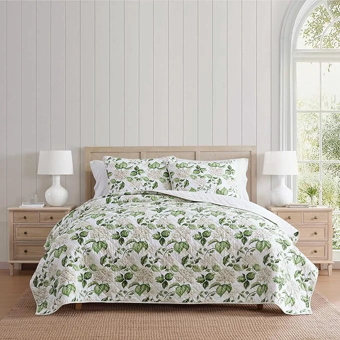 Authentic Martha Stewart - King Quilt Set Soft Cotton Floral Bedding for Year Round Comfort 3 Piece Bed Set with Matching Pillowcases Hydrangea Floral Beige Environmentally Friendly