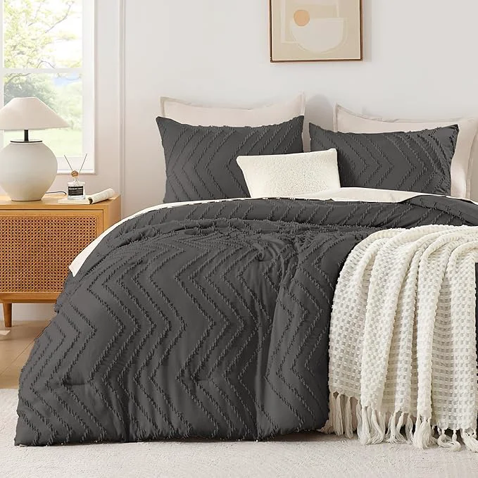 Fashionable Andency Dark Grey Oversized Super King Plus Comforter Set 128x120 Extra Large King Size Comforter Oversize Boho Soft Warm Bedding Comforter Sets 3 Pieces Aesthetic Chevron Textured Bedding Elite