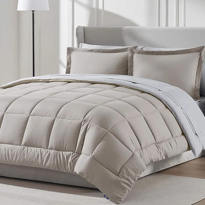 Convenient Nestl 7 Piece Queen Comforter Set – Linen Reversible Bed in a Bag – Complete Queen Size Bedding Set with Sheets Pillowcases and Shams Natural
