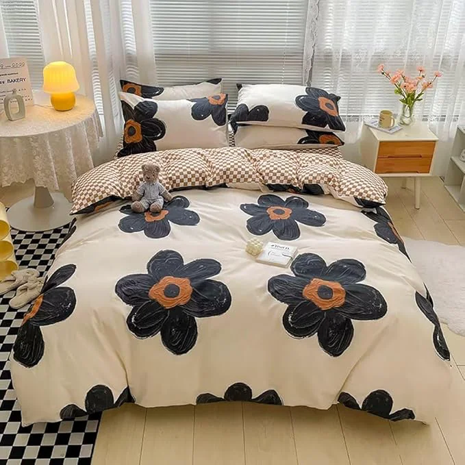 Stylish Houseri Black and White Floral Comforter Set Full for Teen Girls Kawaii 3D Sunflower Bedding Comforters Sets Full Size Black Botanical Comforter Cute Relief Print Beige Brown Plaid Bedding Sets Full Powerful