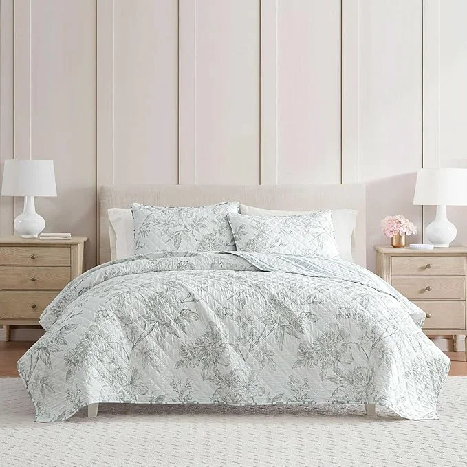 Flexible Martha Stewart - King Quilt Set Cotton Reversible Bedding Set Incredibly Soft Feel for Year Round Comfort 3 Piece Bed Set with Matching Pillowcases Vine Flora Green Durable