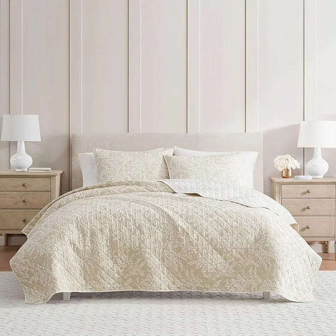 Official Martha Stewart - King Quilt Set Cotton Reversible Bedding Set Incredibly Soft Feel for Year Round Comfort 3 Piece Bed Set with Matching Pillowcases Layered Branches Beige Safe