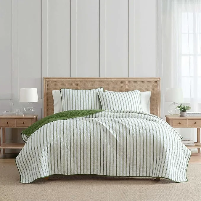Recyclable Martha Stewart - King Quilt Set Soft amp Breathable Bedding with a Lightweight Feel for Year Round Comfort 3 Piece Bed Set with Matching Pillowcases Ticking Stripe Green Fine Crafted