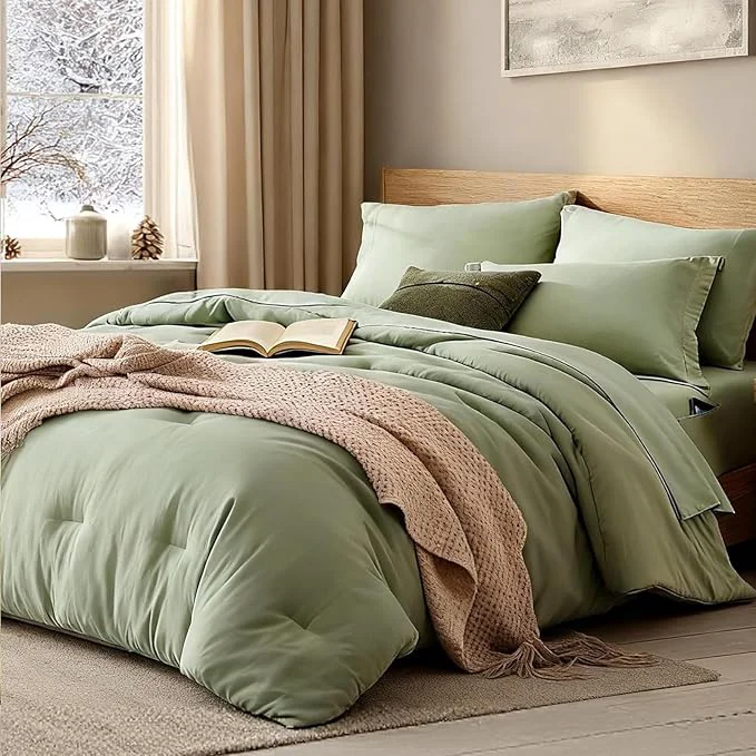 Fine WRENSONGE Super King Comforter Set - 7 Pieces Sage Green Soft Bed in a Bag Super King with Fitted Sheet Flat Sheet 2 Pillow Shams and 2 Pillowcases- Warm Bedding Sets for All Season Excellent