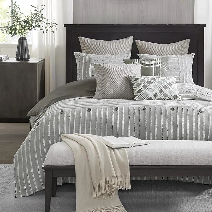 Pure Madison Park Queen Comforter Set Removable Cotton Duvet Cover Queen Size with Insert Farmhouse Bedding Textured Stripe Clipped Jacquard Accent Queen Grey 8 Piece Fashionable